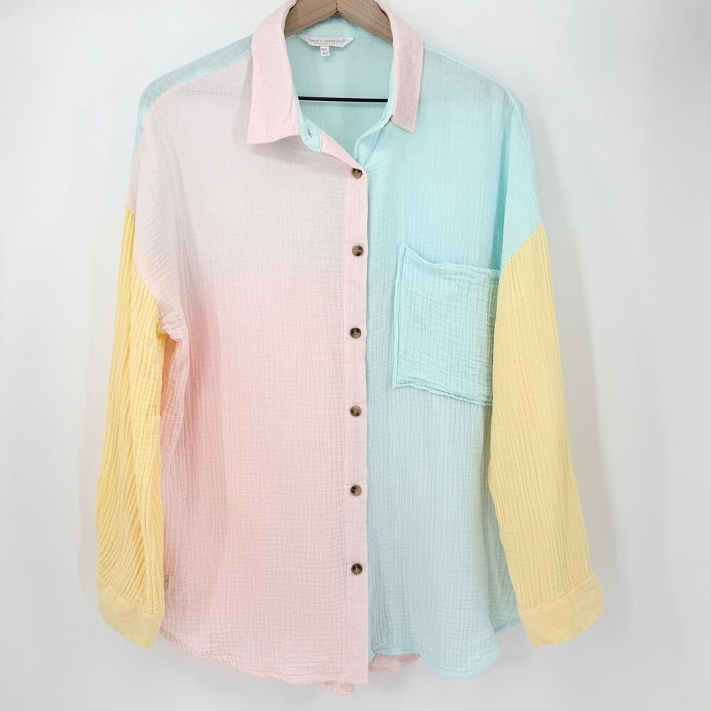 Simply Southern Pastel Colorblock Button Down Shirt 100% Cotton Size M/L Preppy - Picture 2 of 13